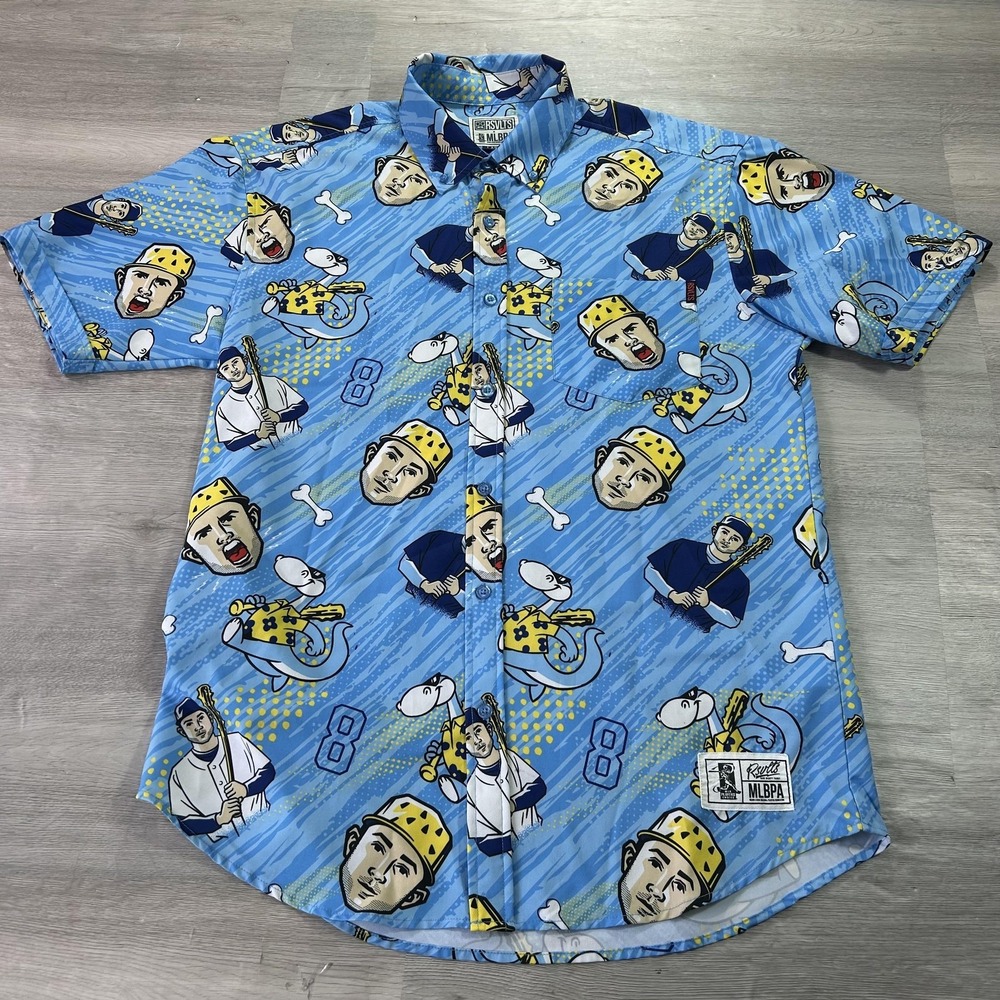 RSVLTS Shirt‎ Mens Large Blue Baseball MLBPA Graphic Dino Dinosaur Button Up